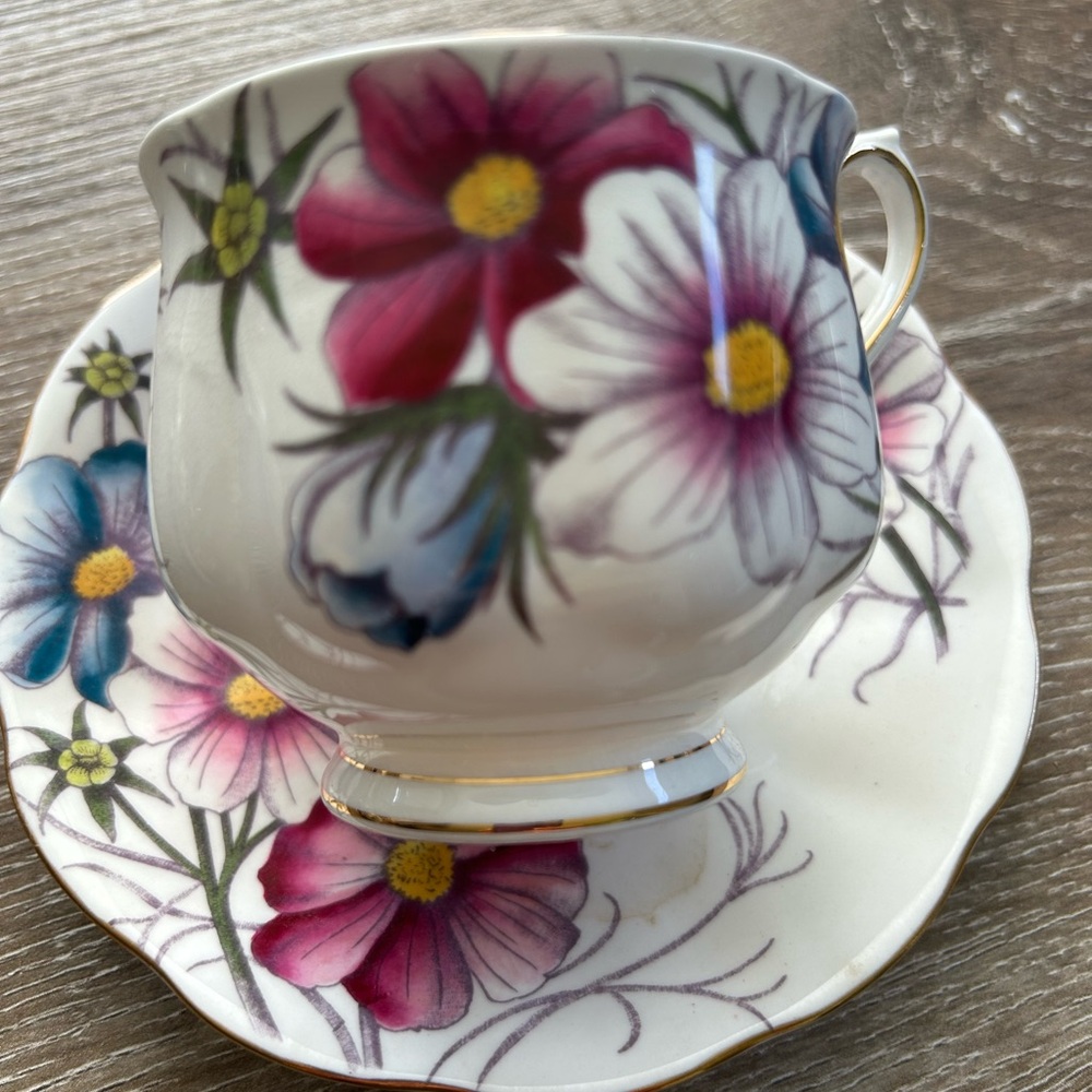 Royal Albert Footed Demitasse Flower of the Month #10 “Cosmos” Tea Cup &Saucer